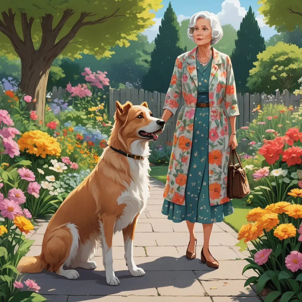 a woman standing next to a dog in a garden with flowers and trees behind her and a fence in the background, american scene painting, a storybook illustration, Evgeny Lushpin, official art