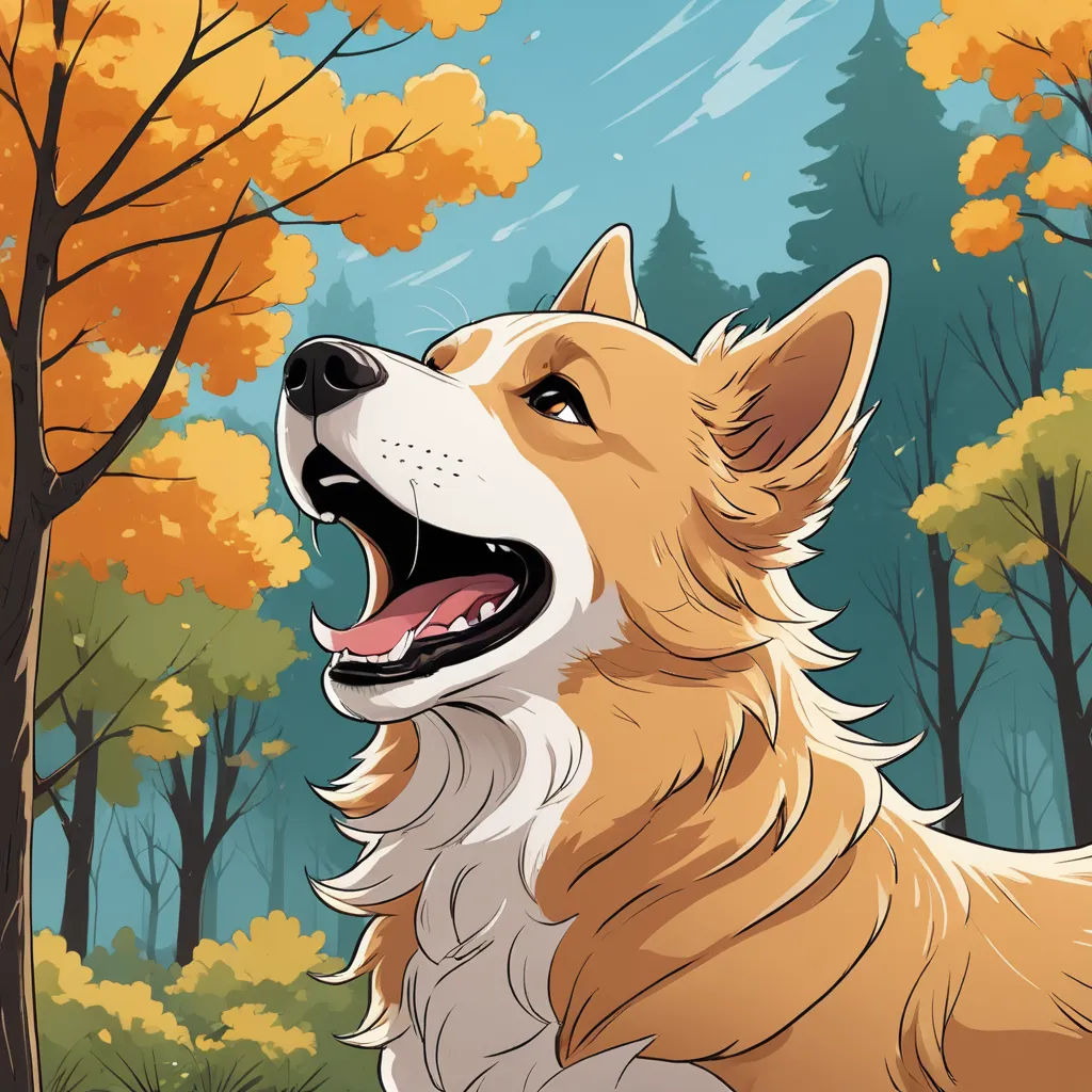 a dog is sitting in the woods with its mouth open and it's tongue out and it's tongue out, furry art, a storybook illustration, Anato Finnstark, warm colors