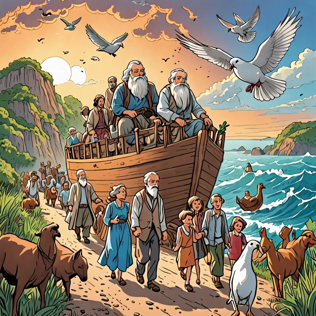 a painting of a boat full of people and birds flying over the water and a group of people walking on the beach, lyco art, a storybook illustration, Asaf Hanuka, comic cover art
