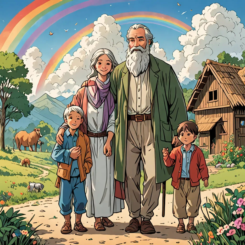 a man and two children are standing in front of a rainbow and a house with a rainbow in the background, les automatistes, a storybook illustration, Asaf Hanuka, official art