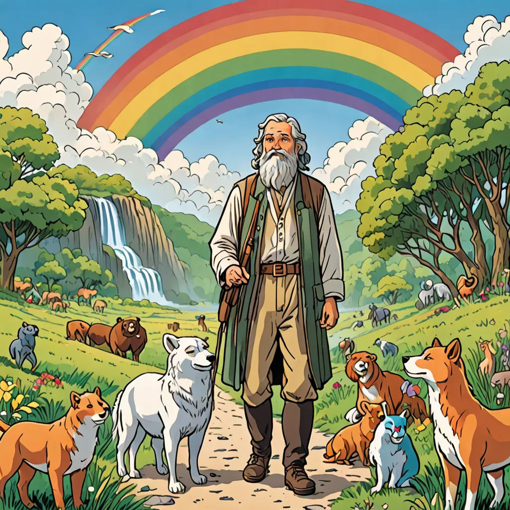 a man standing in front of a rainbow with dogs and cats around him and a waterfall in the background, furry art, a storybook illustration, Edward Otho Cresap Ord, II, furaffinity