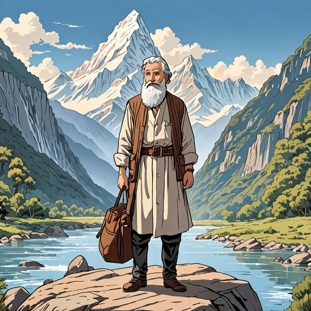 a man with a beard and a white beard standing on a rock near a river and mountains with a river flowing below, fantasy art, a storybook illustration, Asaf Hanuka, high detail illustration