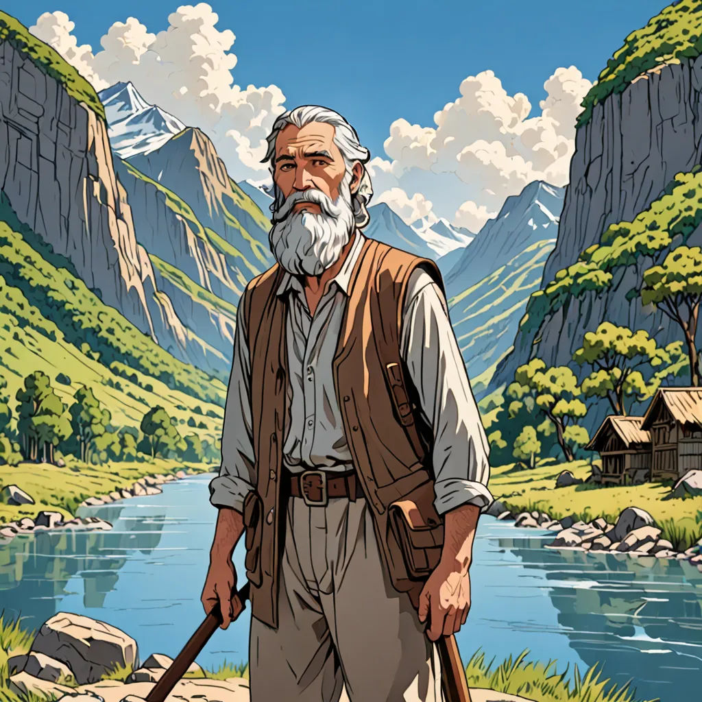a man with a beard and a beard holding a stick in his hand and standing in front of a river, les automatistes, a character portrait, Ferdinand Hodler, western comic book art