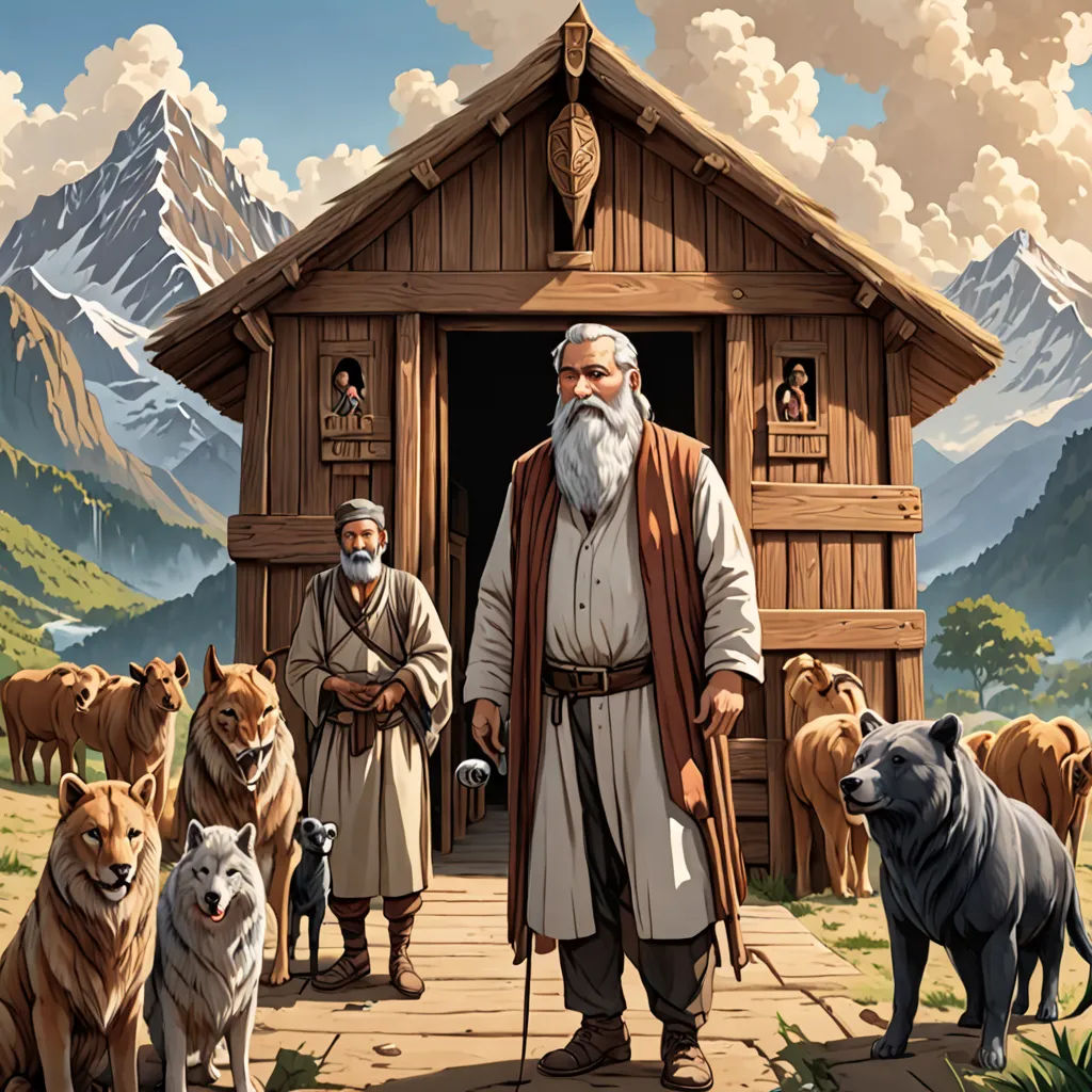 a painting of a man standing in front of a group of dogs and a man with a beard and a beard, furry art, a storybook illustration, Brothers Hildebrandt, highly detailed digital painting