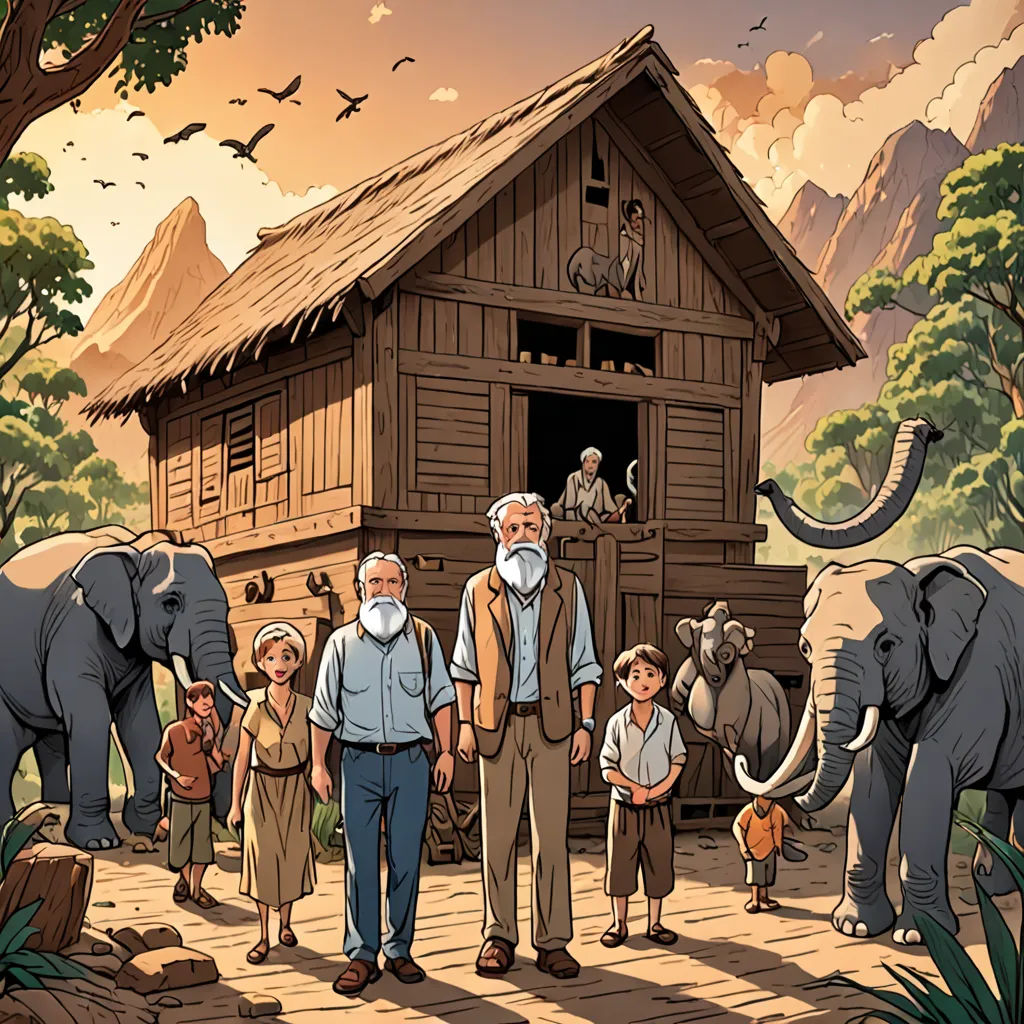 a group of people standing in front of a wooden cabin with elephants and a man in a white shirt, primitivism, a storybook illustration, Edward George Handel Lucas, official art