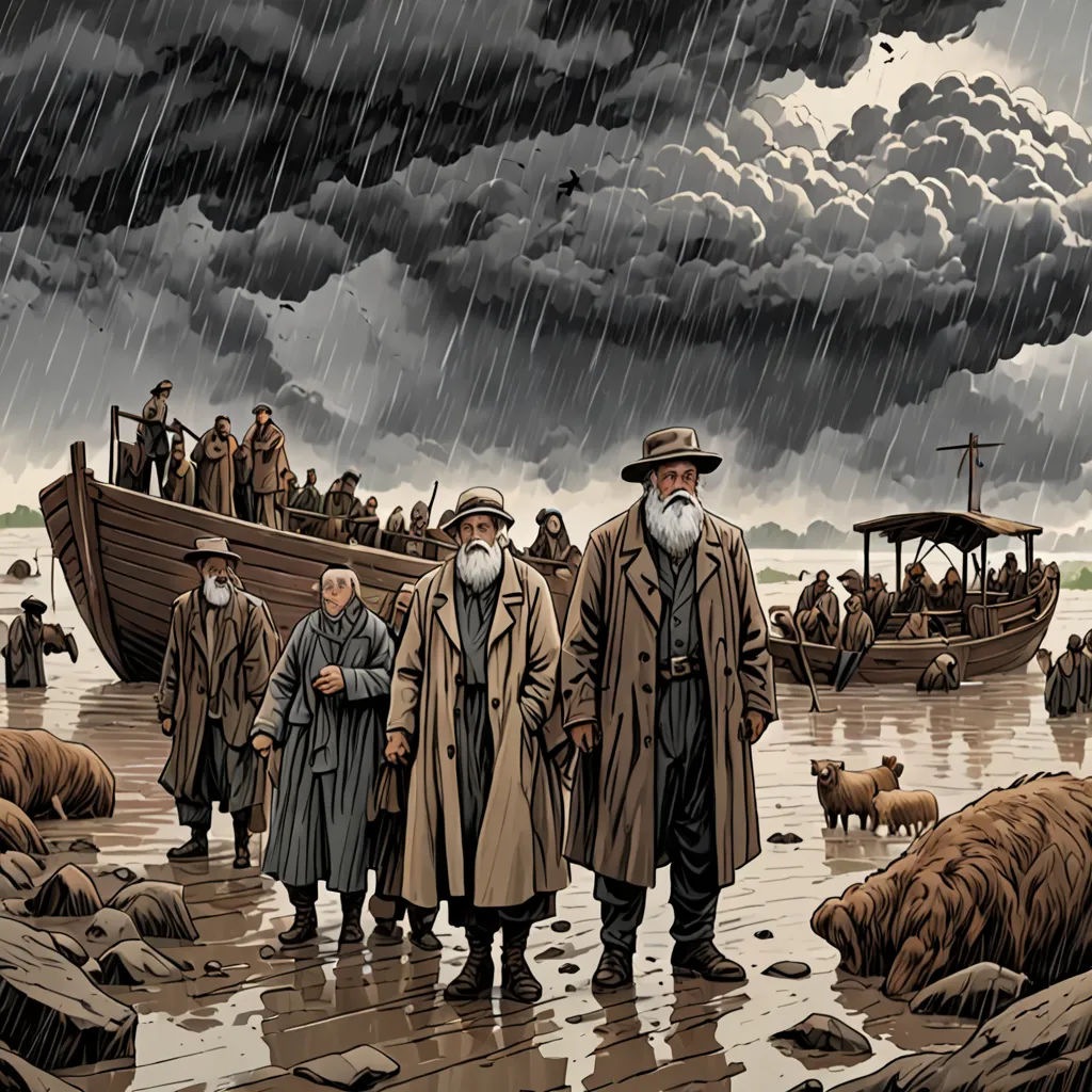 a painting of a group of people standing in the rain near a boat with a lot of people on it, american scene painting, a comic book panel, Art Spiegelman, western comic book art