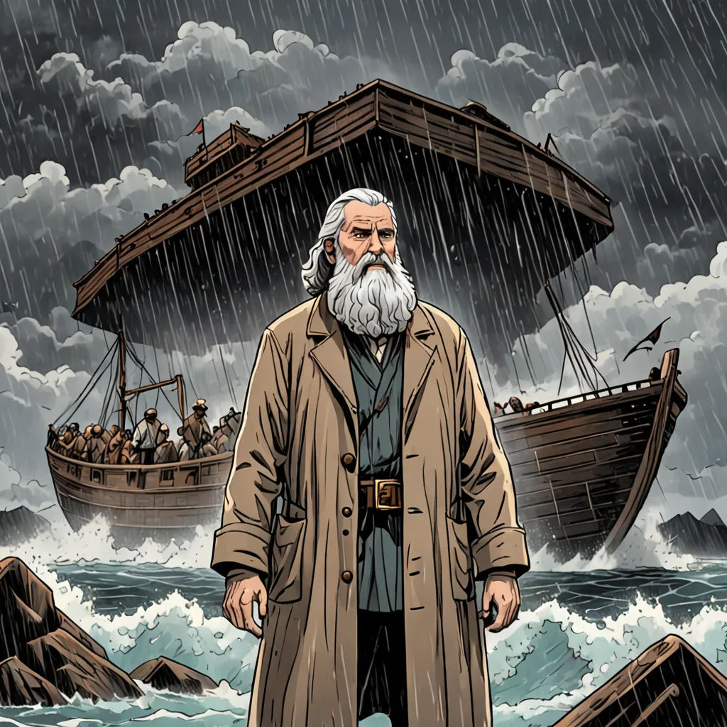 a man standing in front of a boat in the ocean with a beard and a beard on his head, context art, a comic book panel, F Scott Hess, comic cover art
