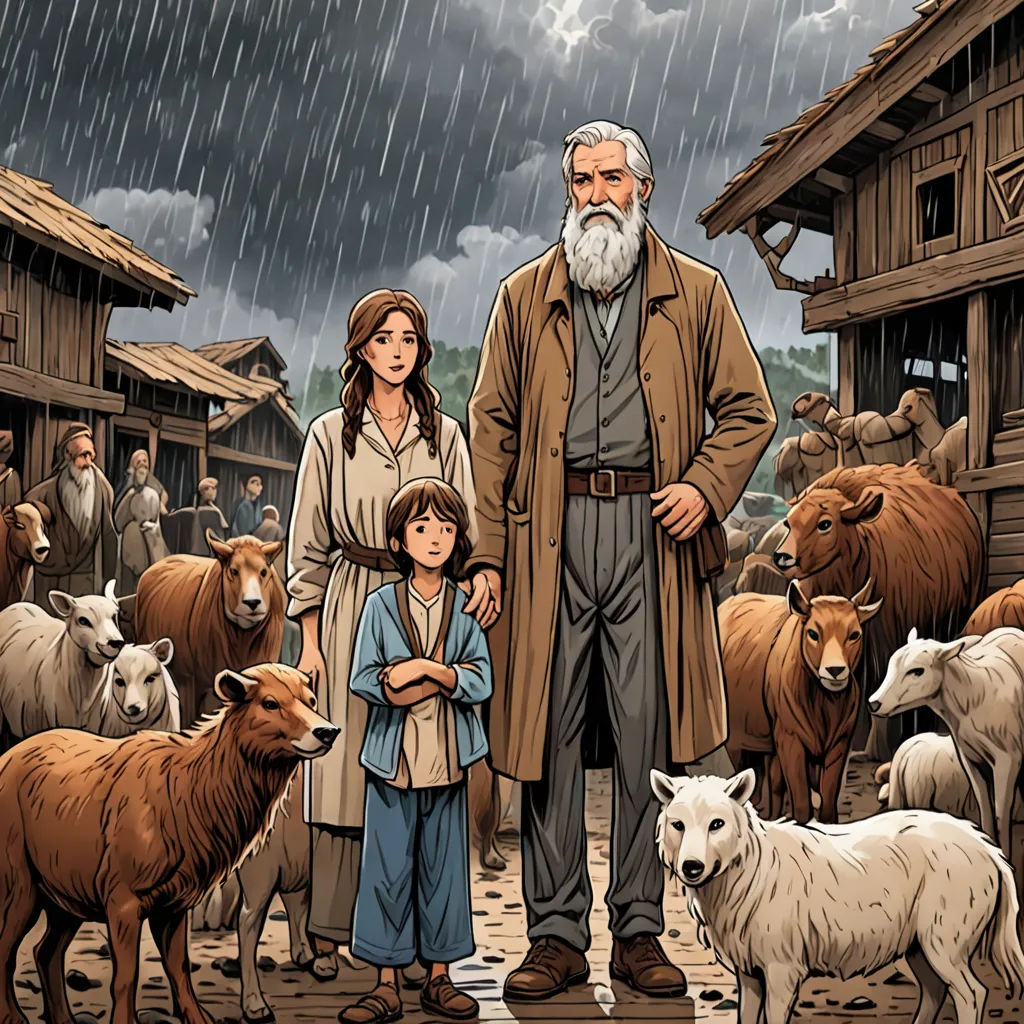 a man and woman standing in front of a herd of sheep and goats in a village with a man and a child, massurrealism, a storybook illustration, Drew Struzan, graphic novel