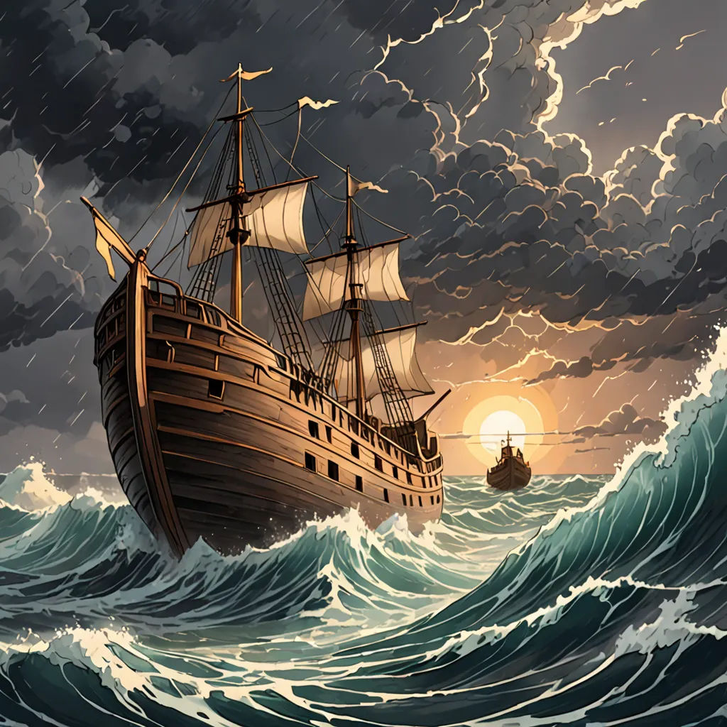 a ship in the ocean with a full moon in the background and clouds in the sky above it, with a boat in the water, fantasy art, a detailed matte painting, Cyril Rolando, highly detailed digital painting