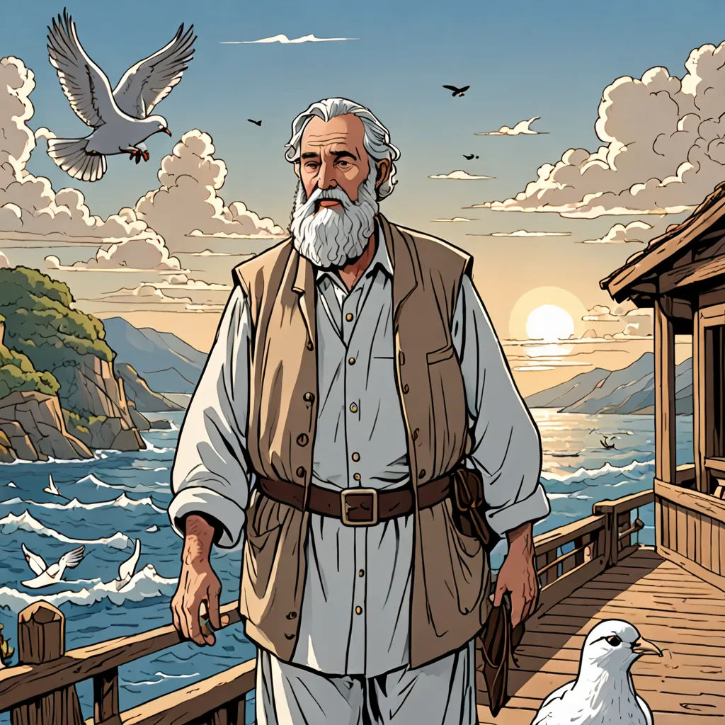 a man standing on a pier next to a bird and a bird flying over the water and a house, naturalism, a storybook illustration, F Scott Hess, graphic novel