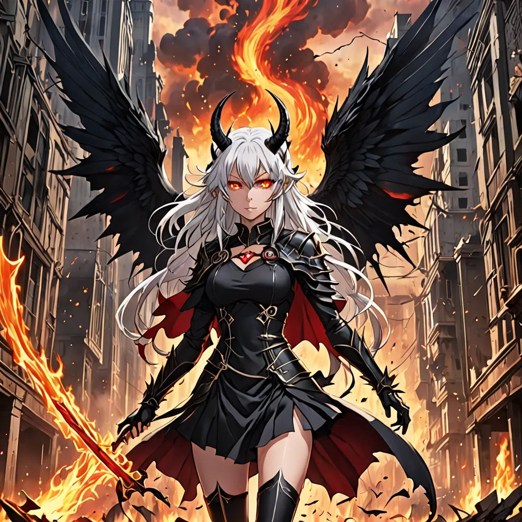 a woman in a black outfit with a sword in her hand and a demon on her shoulder, standing in a city street, fantasy art, concept art, Anne Stokes, official art