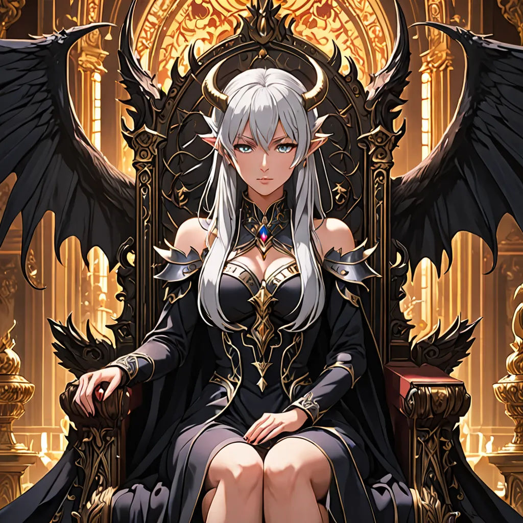 a woman sitting on a throne with wings on her head and a sword in her hand, with a golden background, fantasy art, a character portrait, Anne Stokes, official art