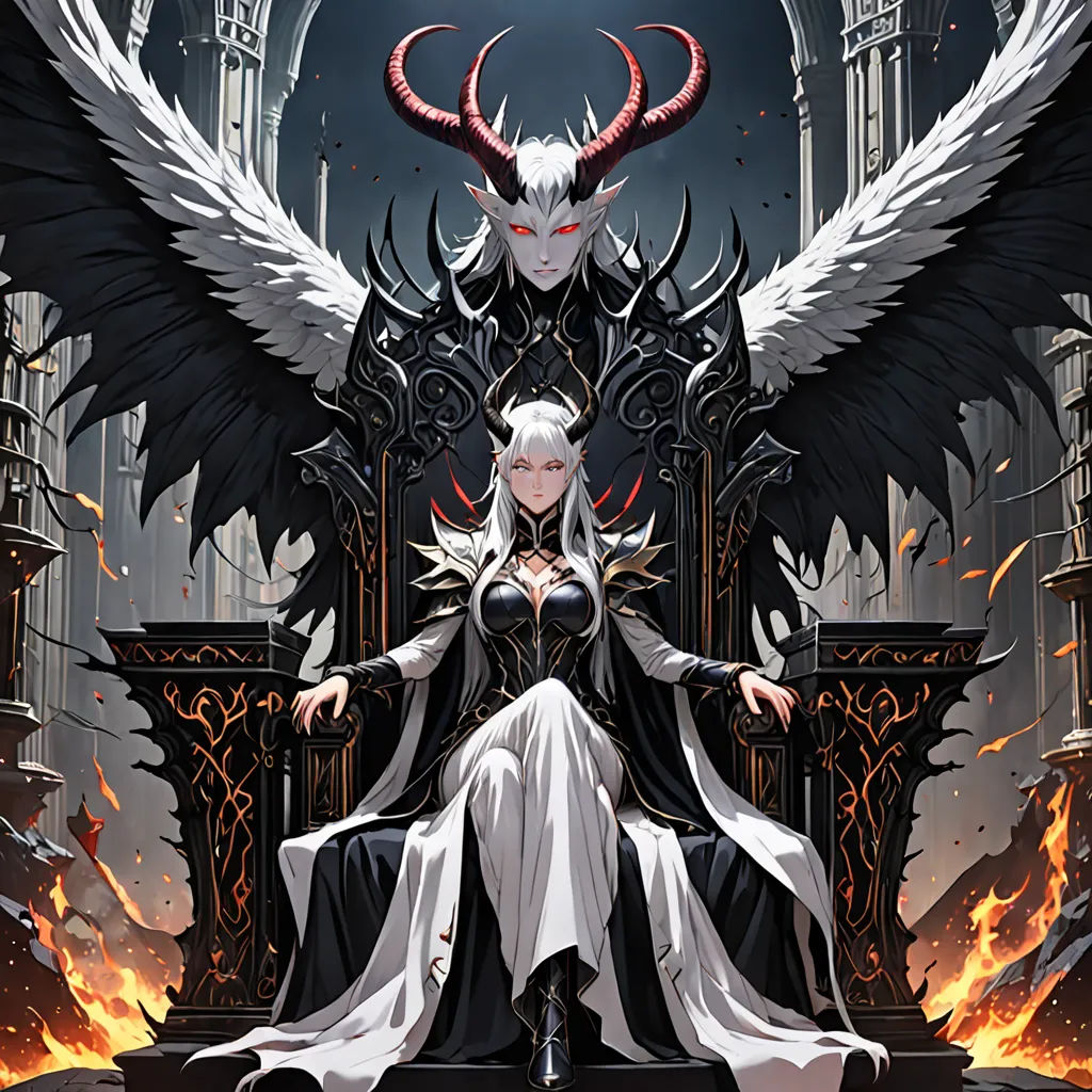 a woman sitting on a throne with wings on her head and a demon on her back, with a demon on her shoulder, fantasy art, a detailed painting, Anne Stokes, rossdraws global illumination