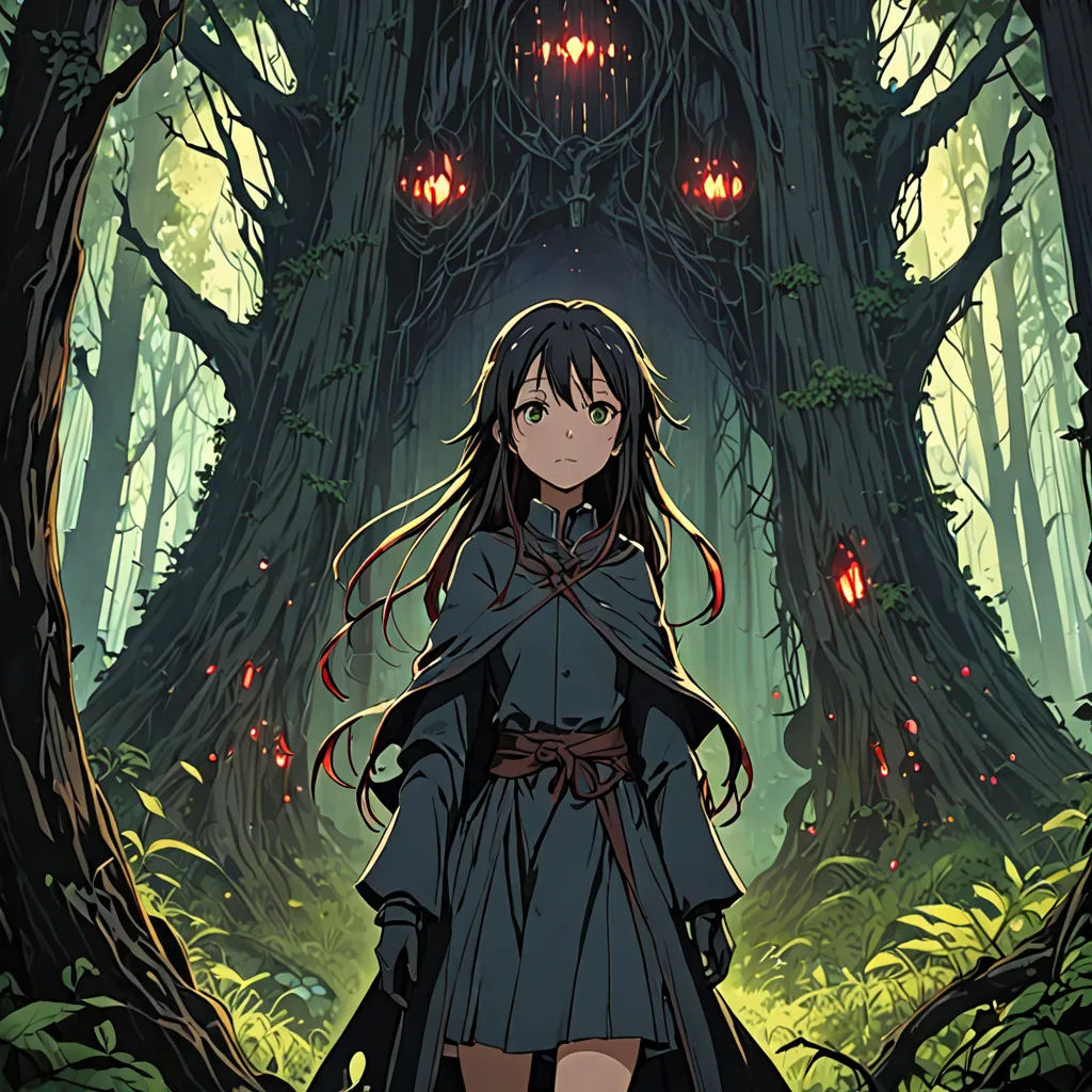 a woman in a forest with a light in her hair and a sword in her hand, standing in front of a tree, rayonism, poster art, Aya Goda, anime key visual