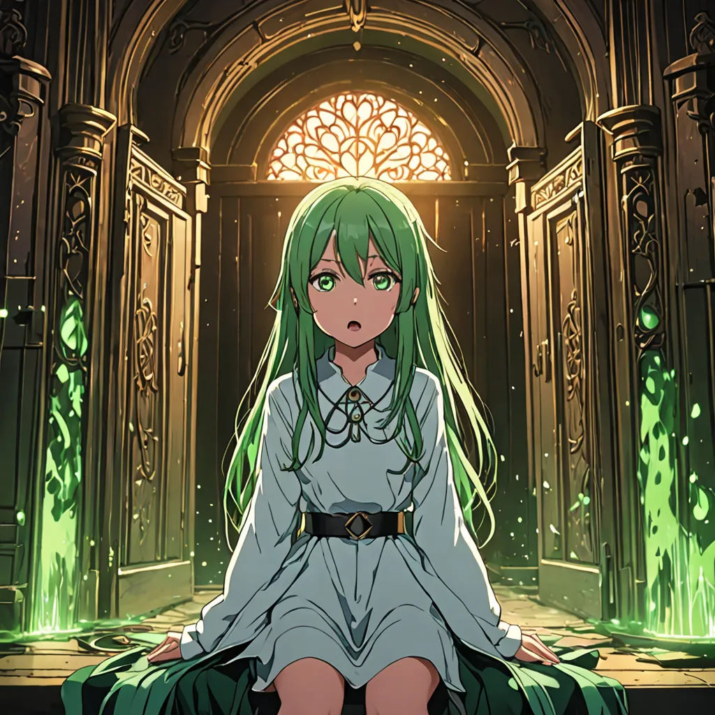 a girl with green hair sitting on a floor in a room with a doorway and a window in the background, gothic art, poster art, Chizuko Yoshida, official art