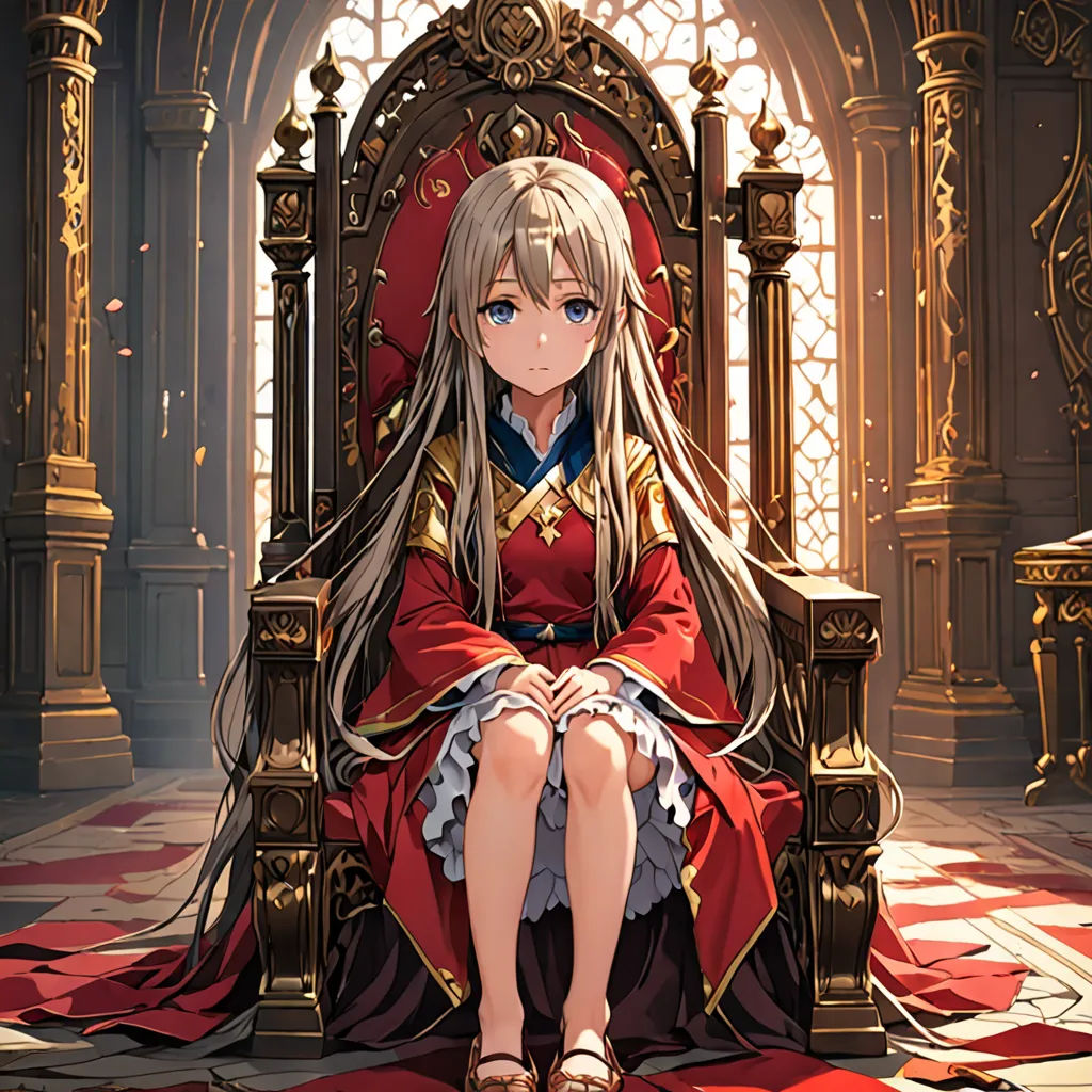 a woman sitting on a throne in a room with a red carpet and a window behind her is looking at the camera, sots art, a detailed painting, Chizuko Yoshida, official art