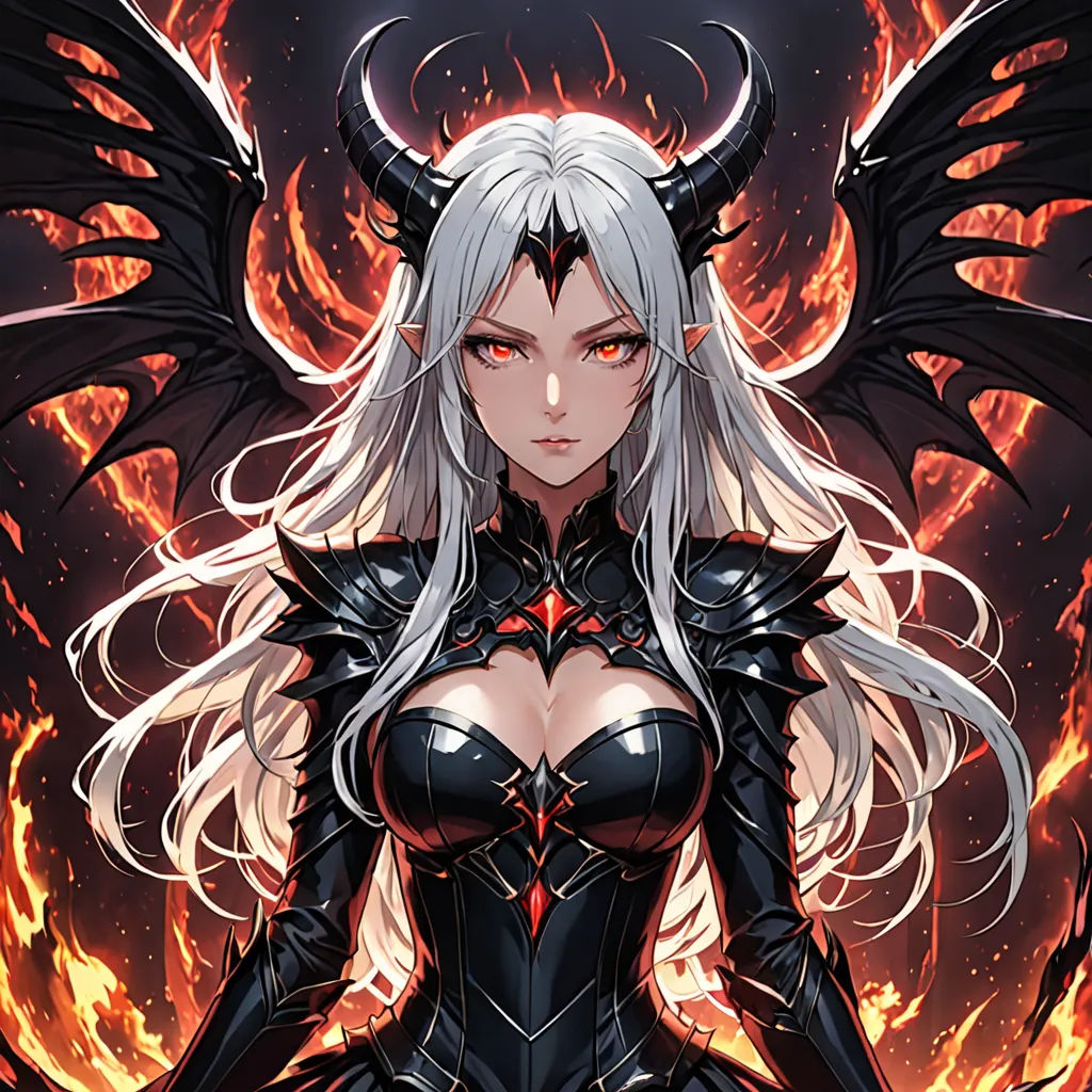 a woman with white hair and black wings in a black outfit with flames behind her and a demon like head, fantasy art, a character portrait, Artgerm, rossdraws global illumination