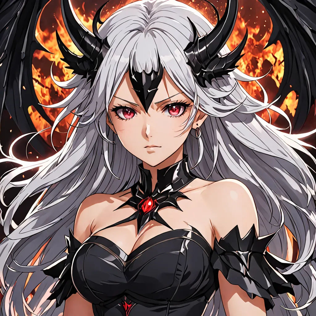 a woman with white hair and horns standing in front of a fire background with flames and a demon like head, fantasy art, a character portrait, Chizuko Yoshida, official art
