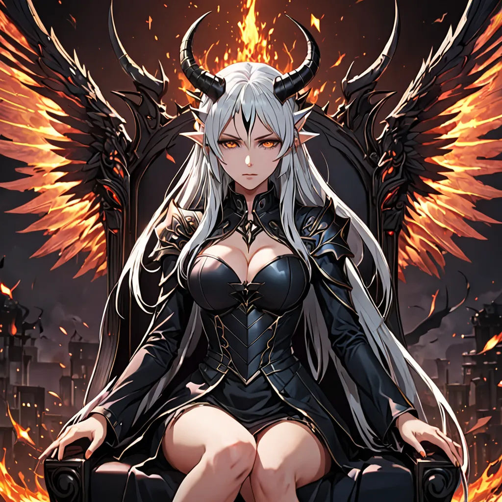 a woman sitting on a chair with wings on her head and a demon on her chest, with a flame in the background, fantasy art, a detailed painting, Anne Stokes, dragon art