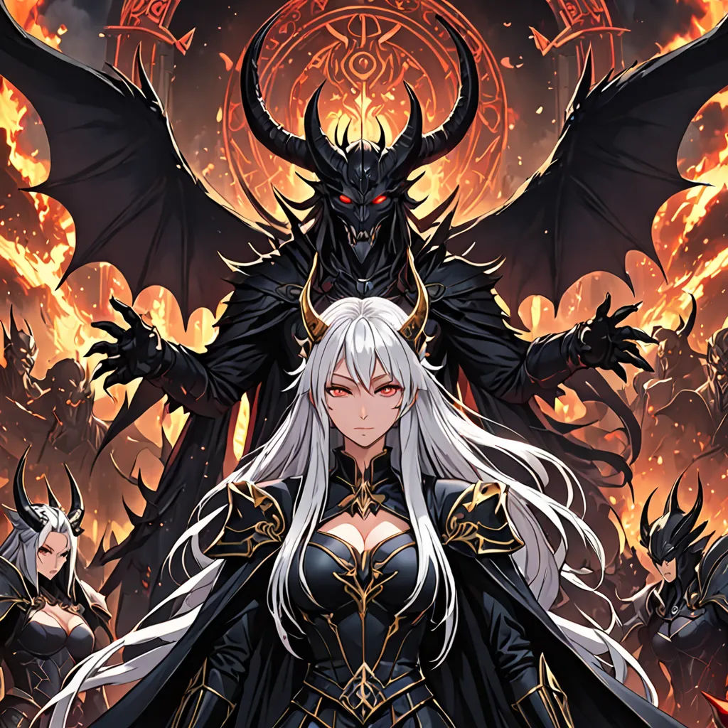 a woman with white hair and a black outfit standing in front of a demon demon with long white hair, fantasy art, poster art, Anne Stokes, official art