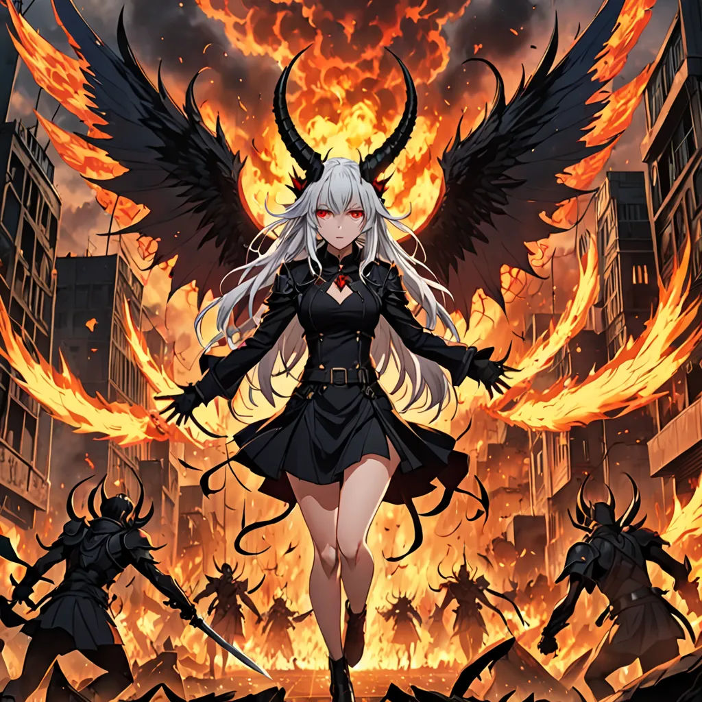 a anime character with wings and a demon like outfit on, walking through a city street with flames in the background, fantasy art, poster art, Anne Stokes, official art