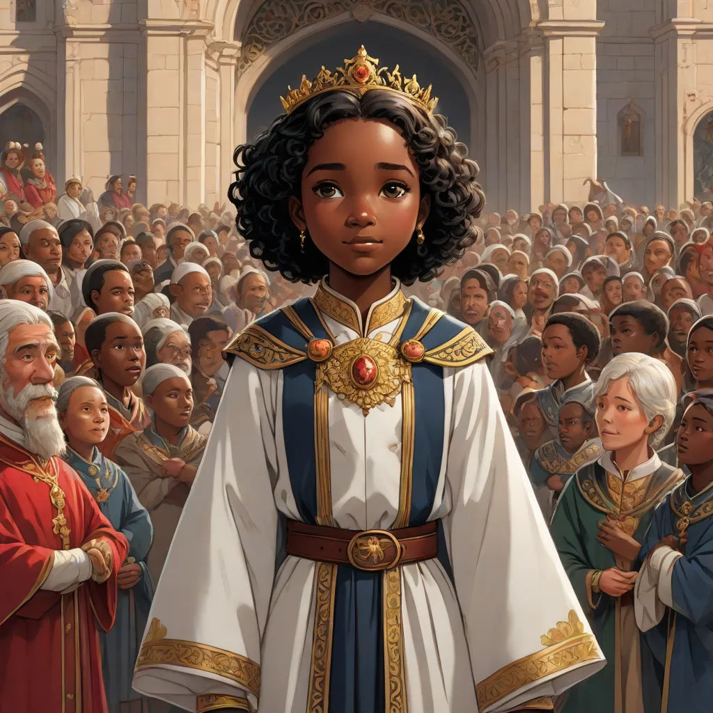 a cartoon of a woman in a crown surrounded by people in a crowd of people in robes and robes, Chinwe Chukwuogo-Roy, fantasy art, a storybook illustration, official art