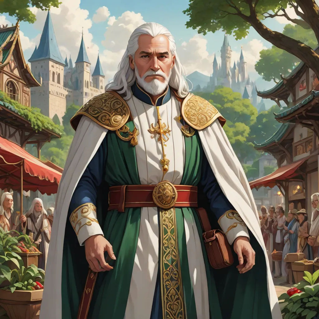 a man in a green and white outfit standing in front of a castle with a white beard and white hair, Donato Giancola, fantasy art, a character portrait, epic fantasy character art