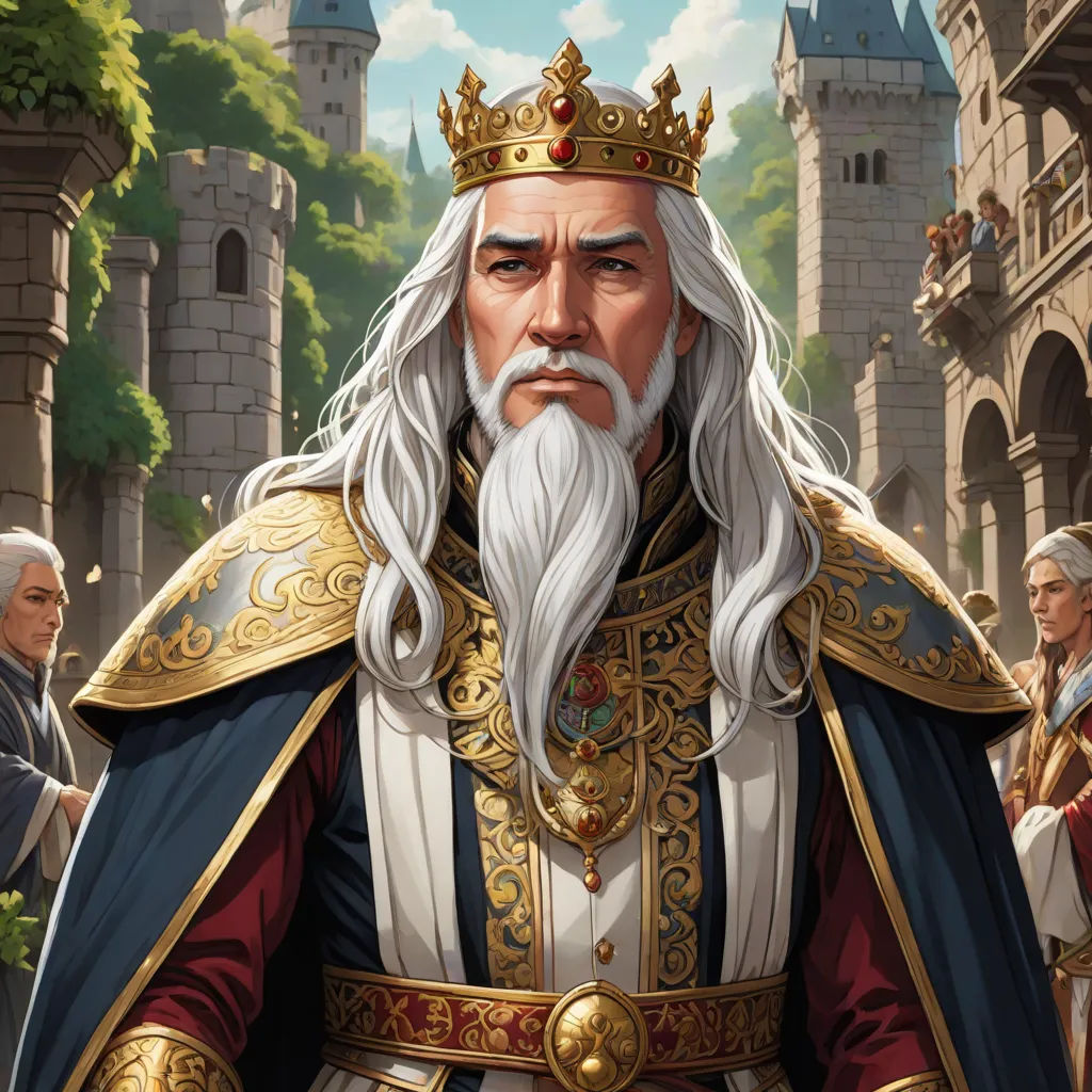 a man in a crown and a long white beard wearing a blue and gold outfit and a red and gold robe, Donato Giancola, fantasy art, a detailed painting, epic fantasy character art