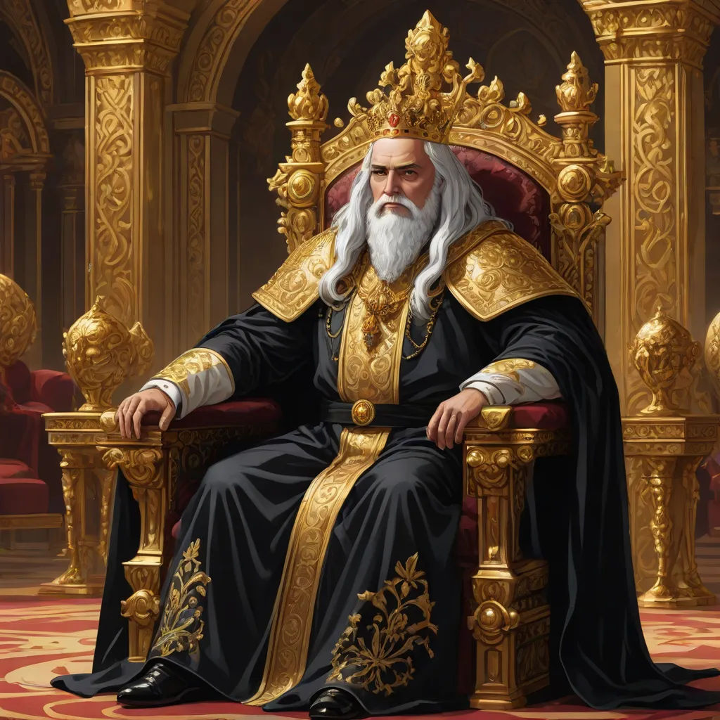 a painting of a man sitting on a throne in a room with gold trimmings and a beard, Christophe Vacher, fantasy art, an ultrafine detailed painting, epic fantasy character art