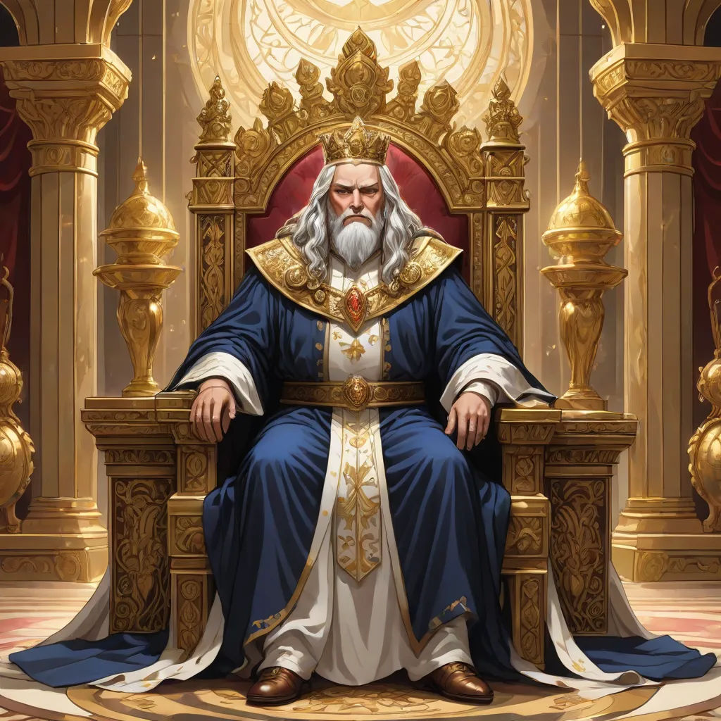 a man sitting on a throne with a crown on his head and a robe on his shoulders, in a golden throne, Donato Giancola, fantasy art, an ultrafine detailed painting, epic fantasy character art
