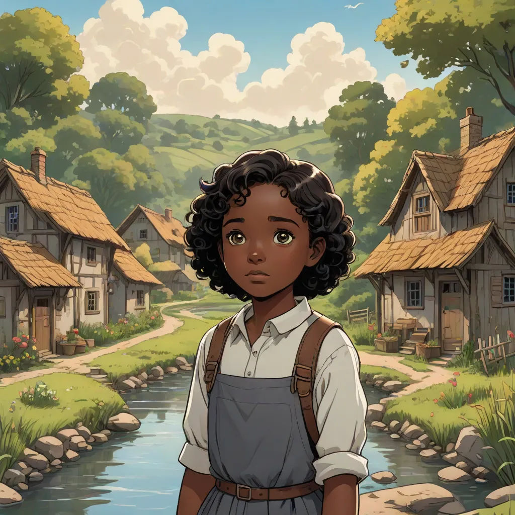 a cartoon character standing in front of a river and houses with a sky background and clouds in the sky, Cedric Seaut (Keos Masons), fantasy art, a character portrait, official art