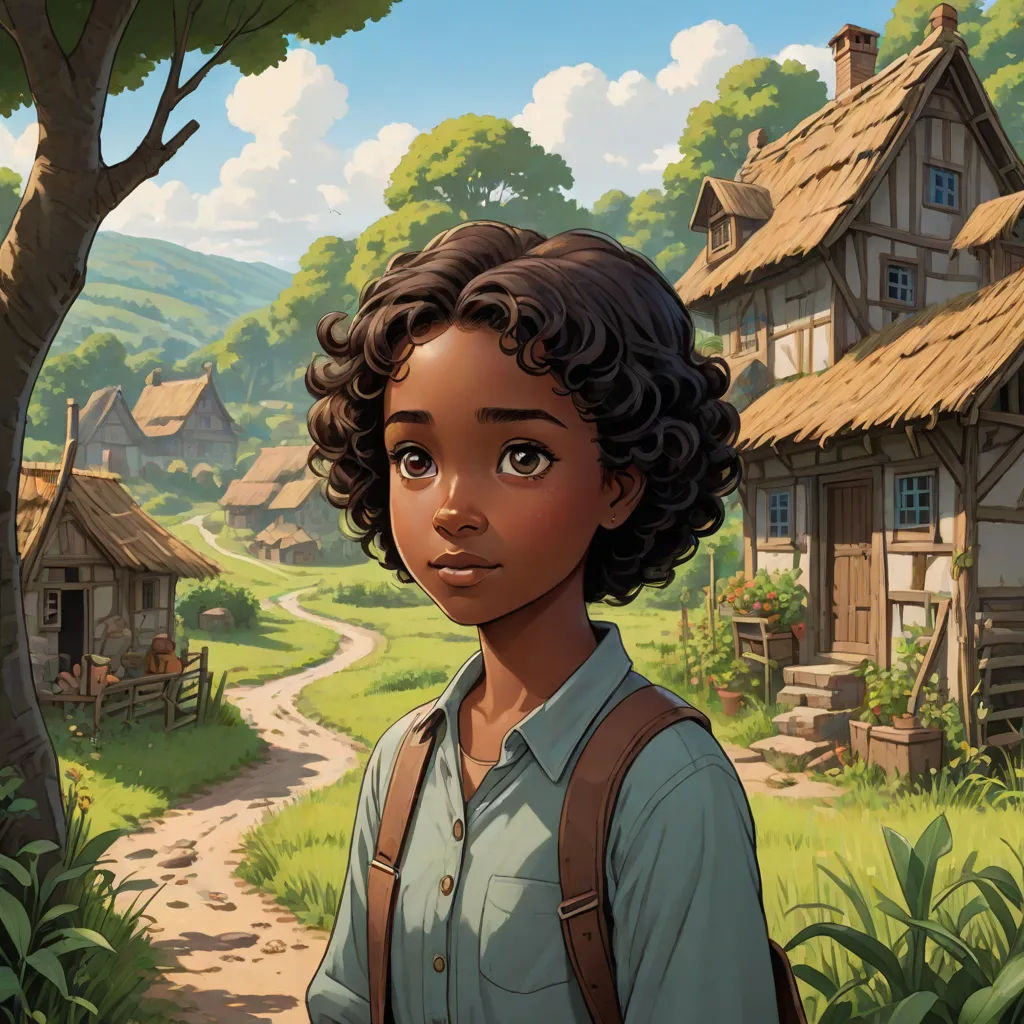 a young boy standing in front of a village with a road and a tree in the background, in a cartoon style, Cedric Seaut (Keos Masons), american scene painting, a character portrait, official art