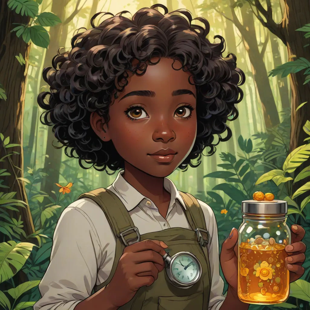 a young girl holding a jar of honey in a forest with a clock in it's hand and a forest background, Constance Gordon-Cumming, naturalism, a character portrait, official art