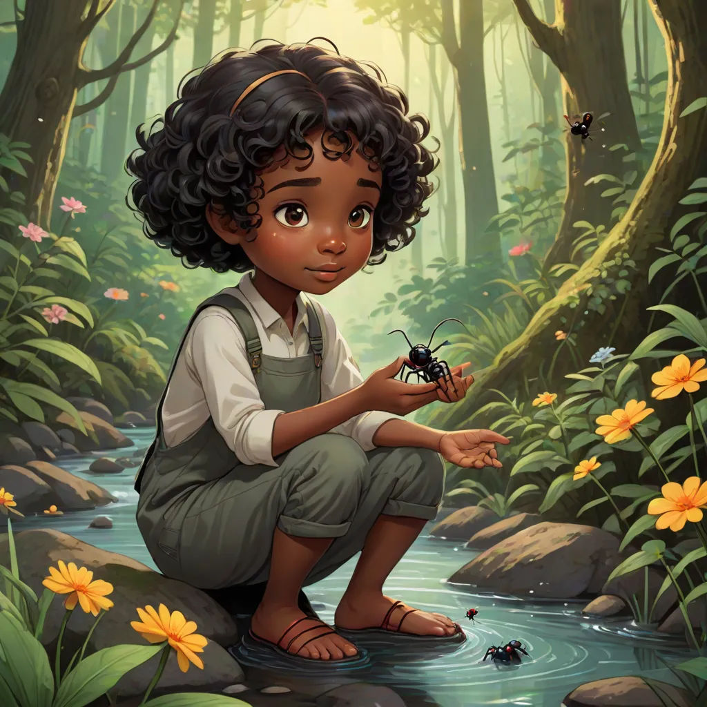 a young girl kneeling down in a forest with a bug in her hand and a bee on her hand, Aaron Jasinski, fantasy art, a storybook illustration, comic cover art