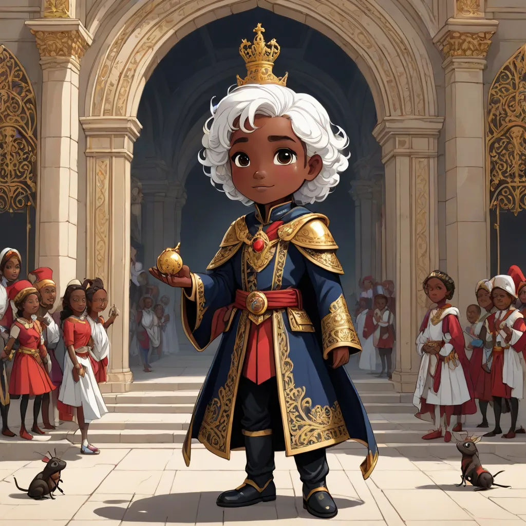 a cartoon of a man in a crown and a dog in a courtyard with other people in the background, Chris LaBrooy, fantasy art, concept art, official art