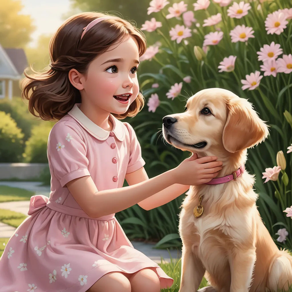 a little girl petting a dog in a garden with flowers in the background and a house in the background, american scene painting, a storybook illustration, Charles Schulz, official art