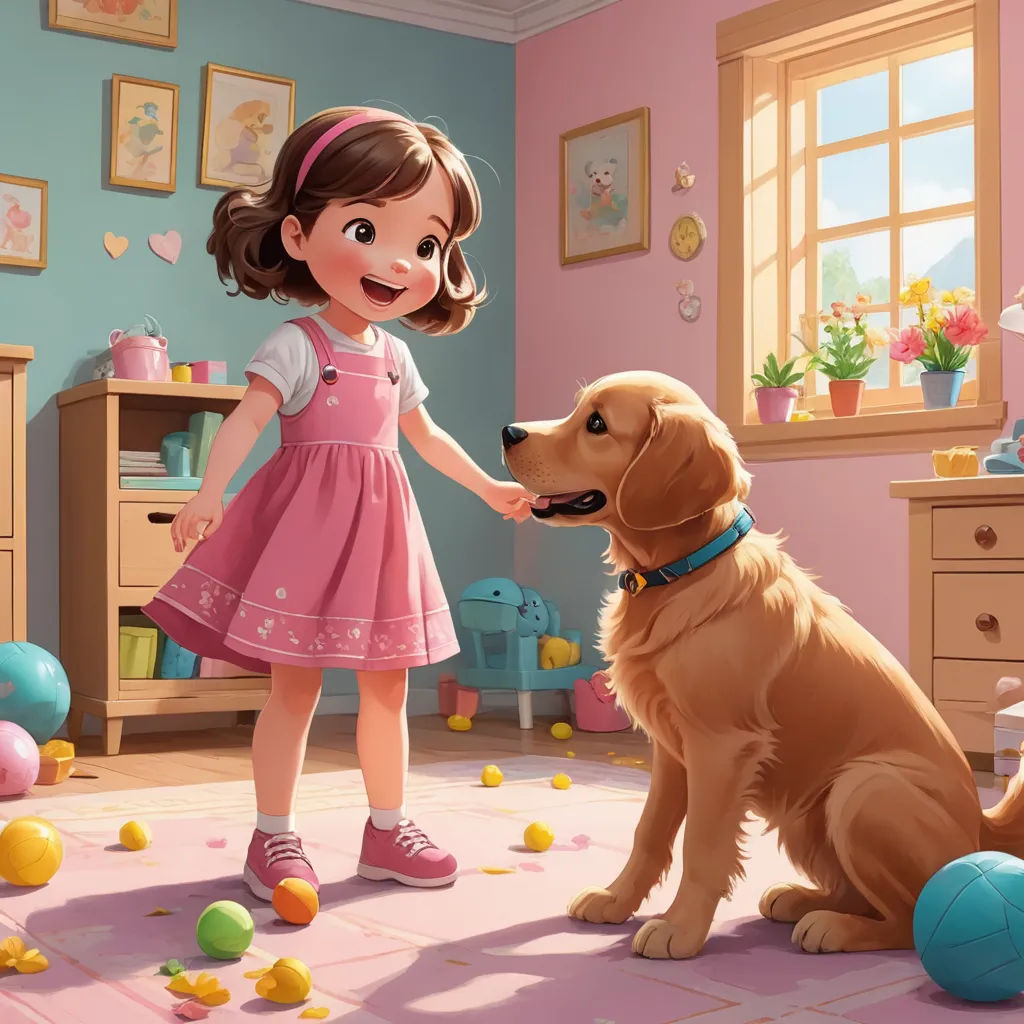 a little girl petting a dog in a room with toys and decorations on the floor and a dresser, american scene painting, a storybook illustration, Chris LaBrooy, highly detailed digital painting