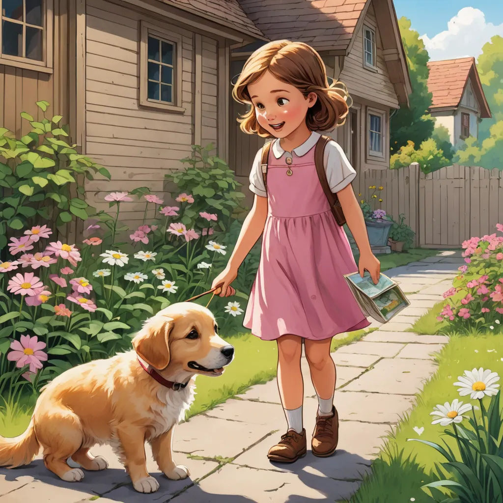 a girl in a pink dress is walking a dog in a garden with flowers and a house in the background, american scene painting, a storybook illustration, Bob Byerley, kinkade
