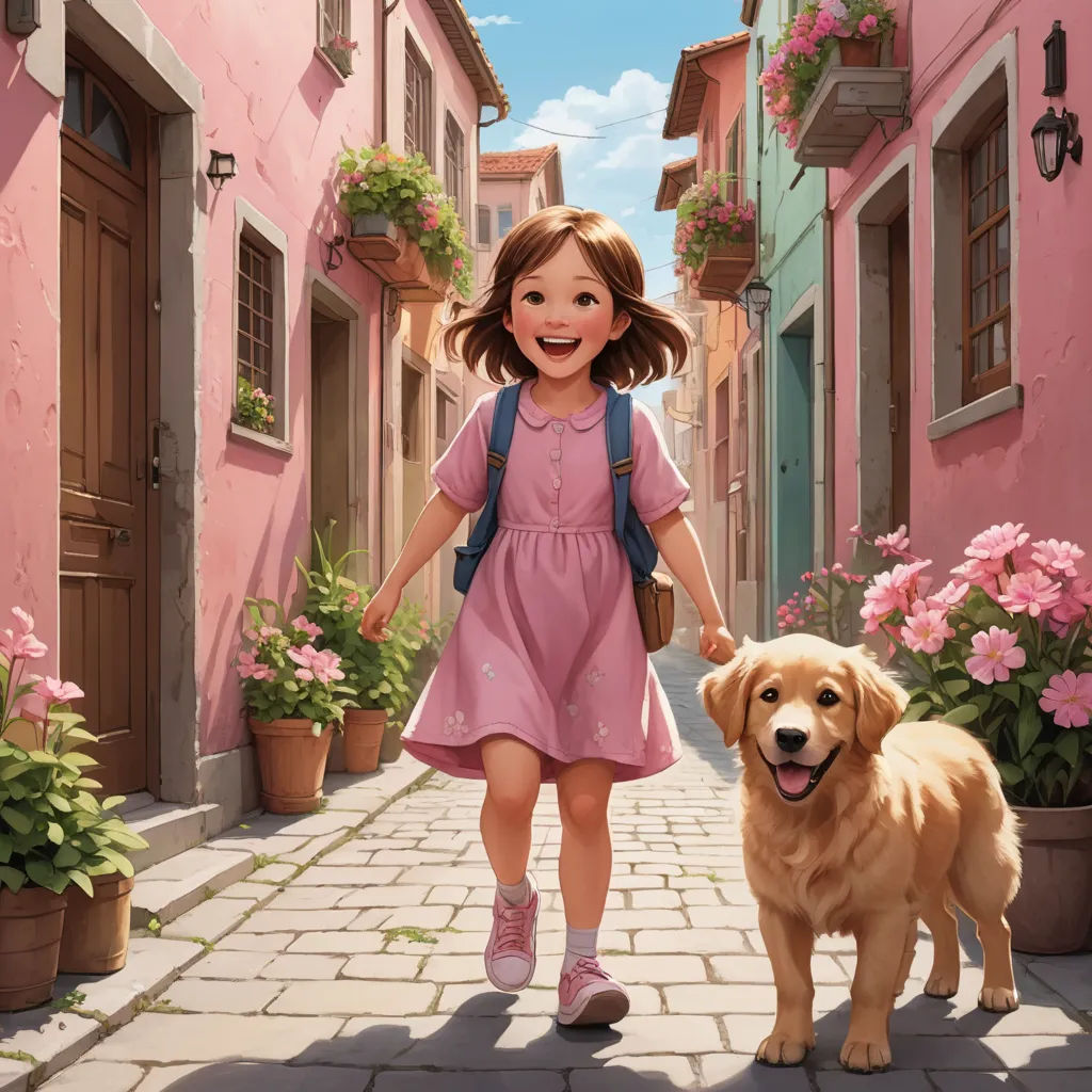 a girl walking a dog down a street next to a pink building with flowers on it's windows, american scene painting, a storybook illustration, Bob Byerley, official art