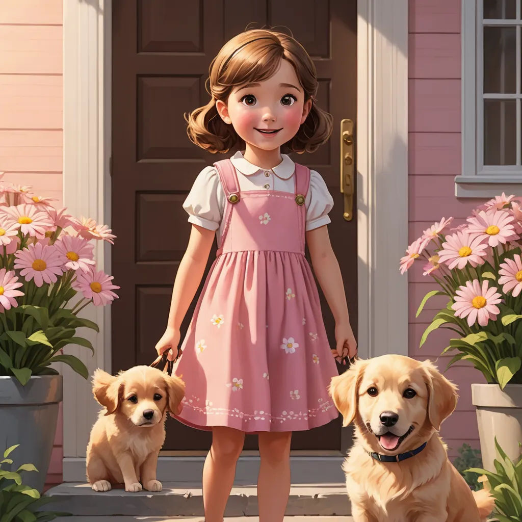 a girl and two dogs standing in front of a pink house with flowers in the front yard and a pink door, photorealism, a storybook illustration, Evaline Ness, cgstudio