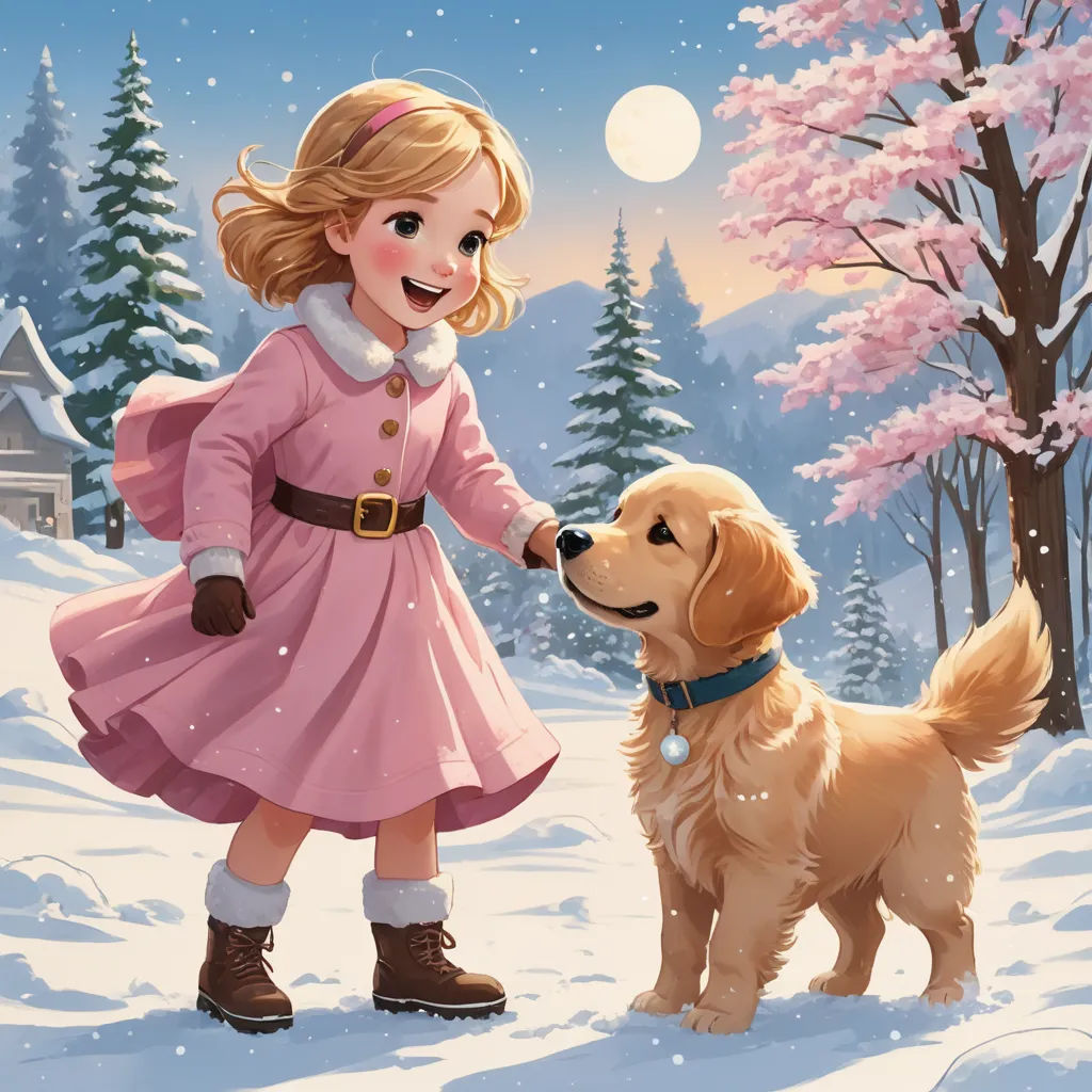 a girl in a pink dress petting a dog in the snow with a full moon in the background, american scene painting, a storybook illustration, Edwin Georgi, official art