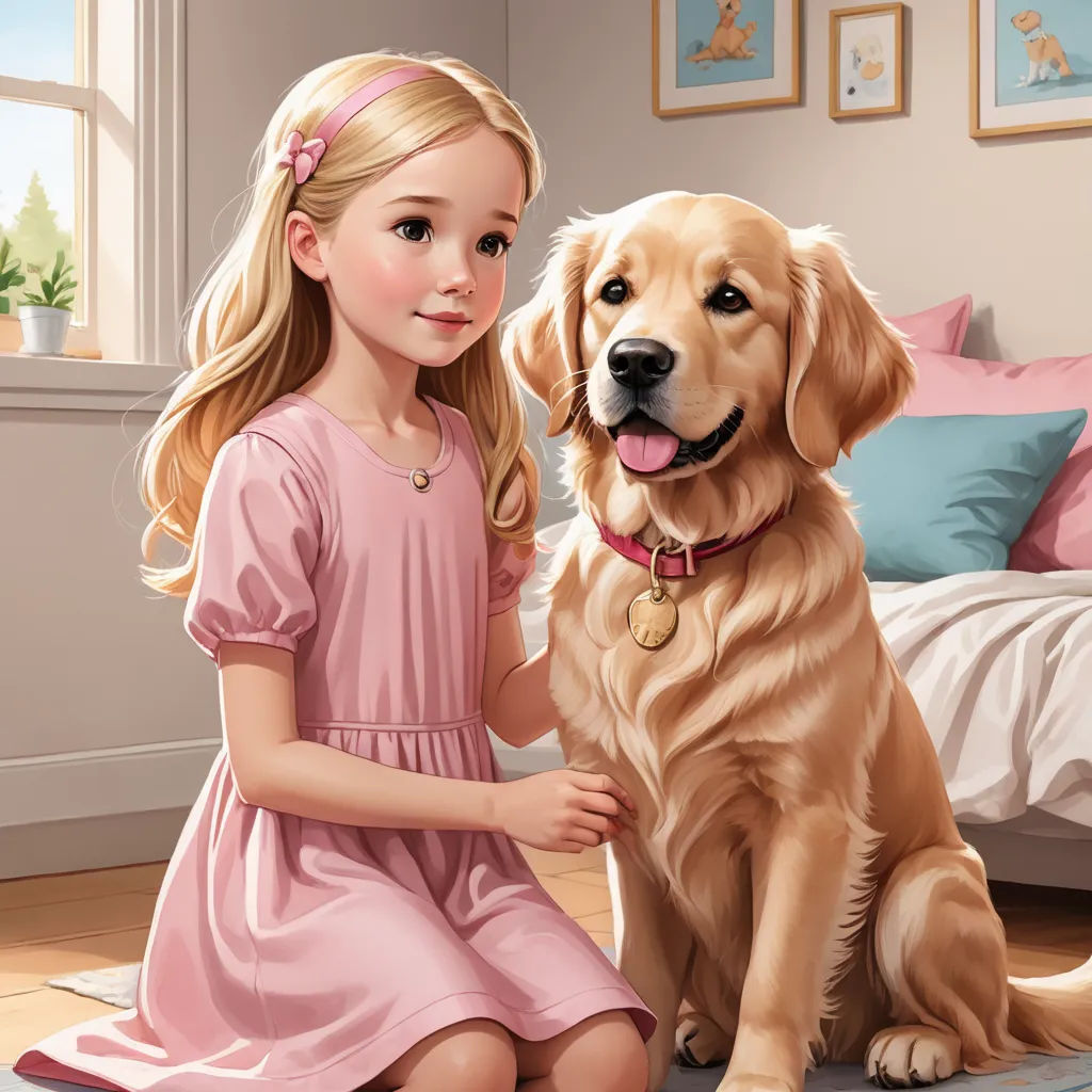 a girl sitting on the floor next to a dog with a pink collar and a pink dress on, with a pink blanket on the floor, furry art, a storybook illustration, Caroline Lucy Scott, storybook illustration