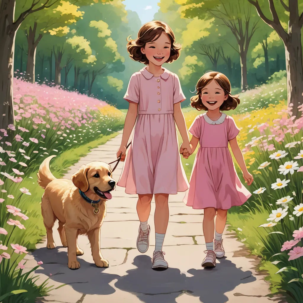 a painting of two girls walking a dog on a path in a park with flowers and trees in the background, american scene painting, a storybook illustration, David Park, official art