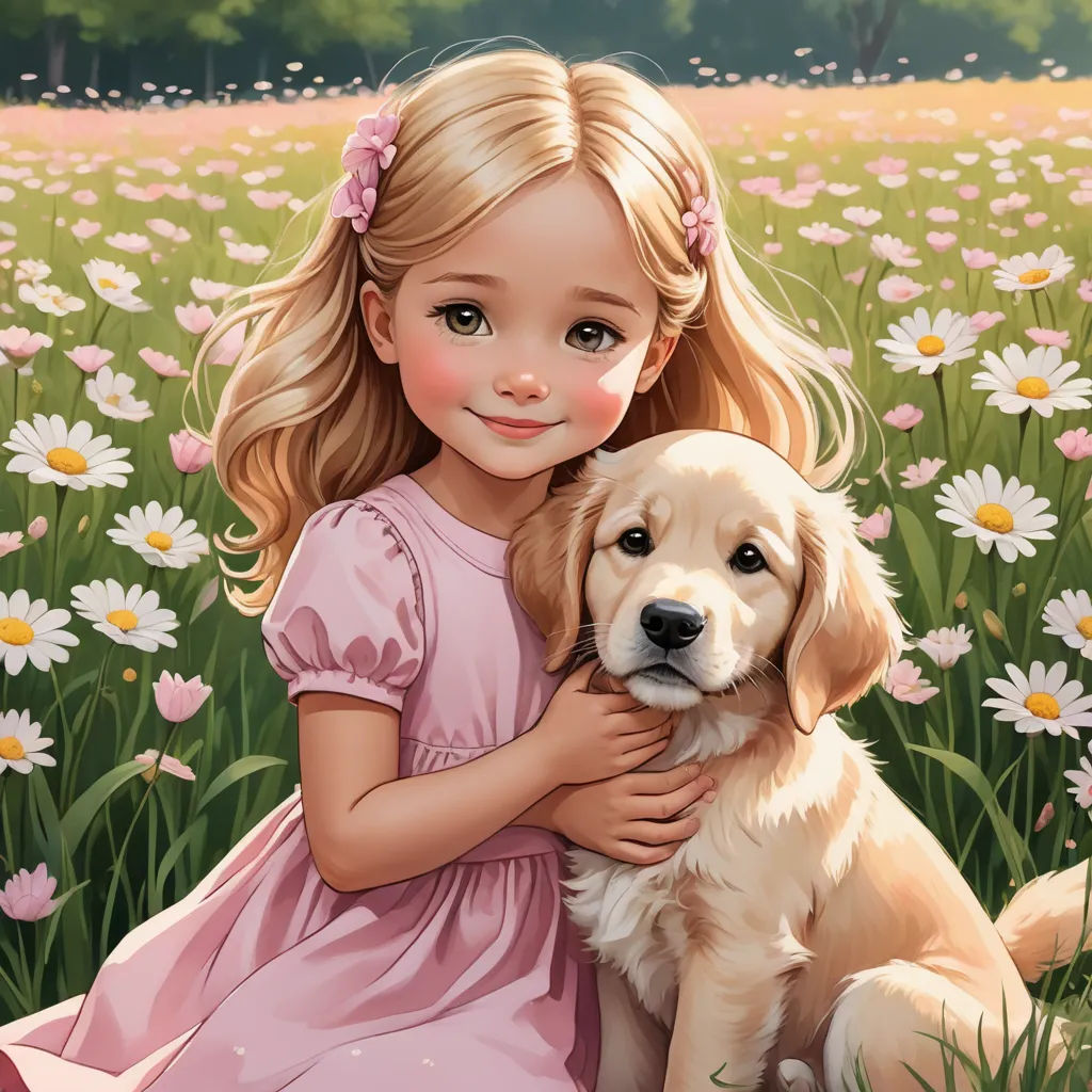 a painting of a girl holding a dog in a field of flowers with daisies in the background and a field of daisies in the foreground, fantasy art, a storybook illustration, Alice Prin, highly detailed digital painting