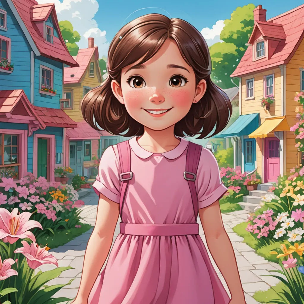 a girl in a pink dress standing in front of a flower garden with a house in the background and a pink flower in the foreground, american scene painting, a storybook illustration, Alice Prin, kinkade
