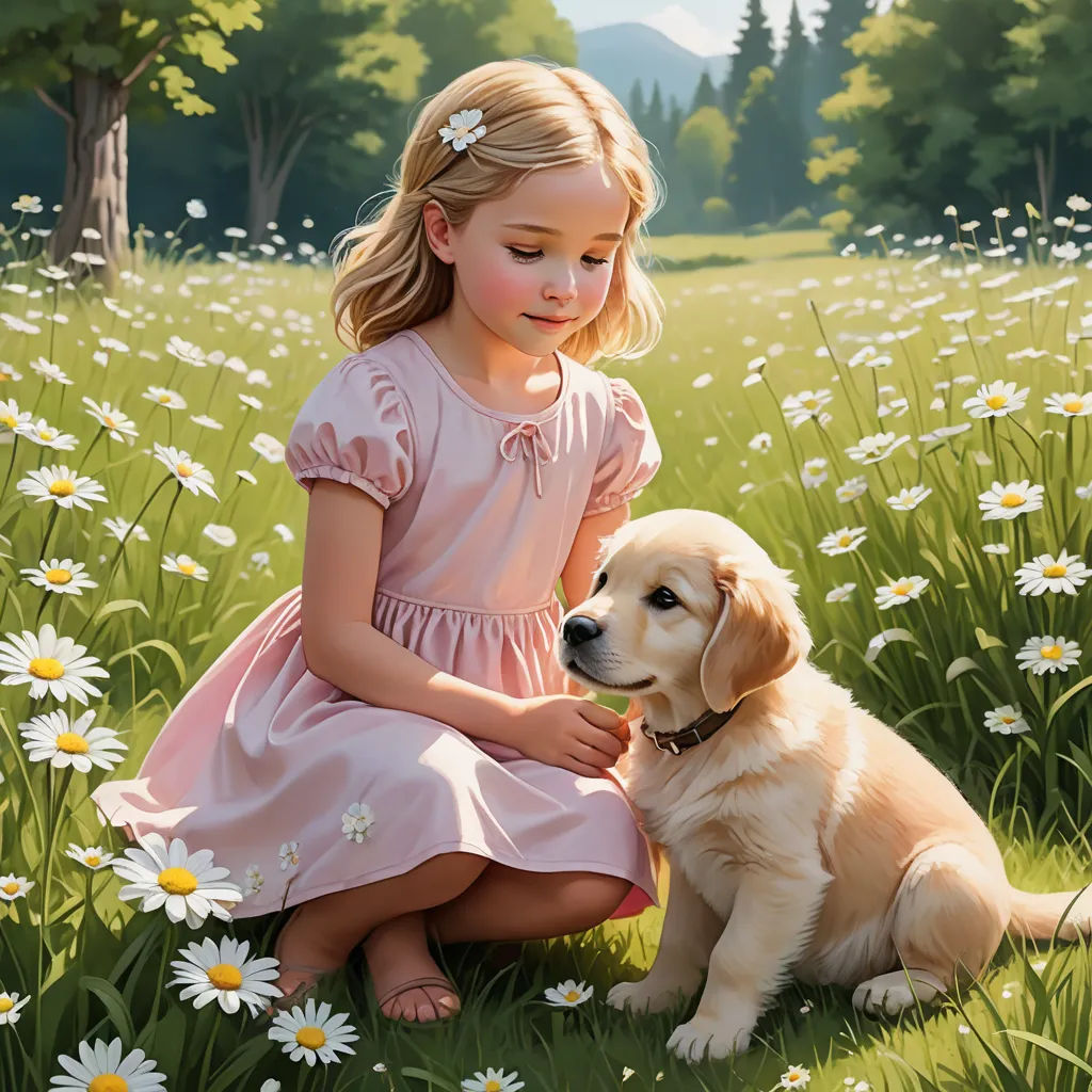 a painting of a little girl petting a dog in a field of daisies and daisies with a dog, american scene painting, a storybook illustration, Bob Byerley, professional digital painting