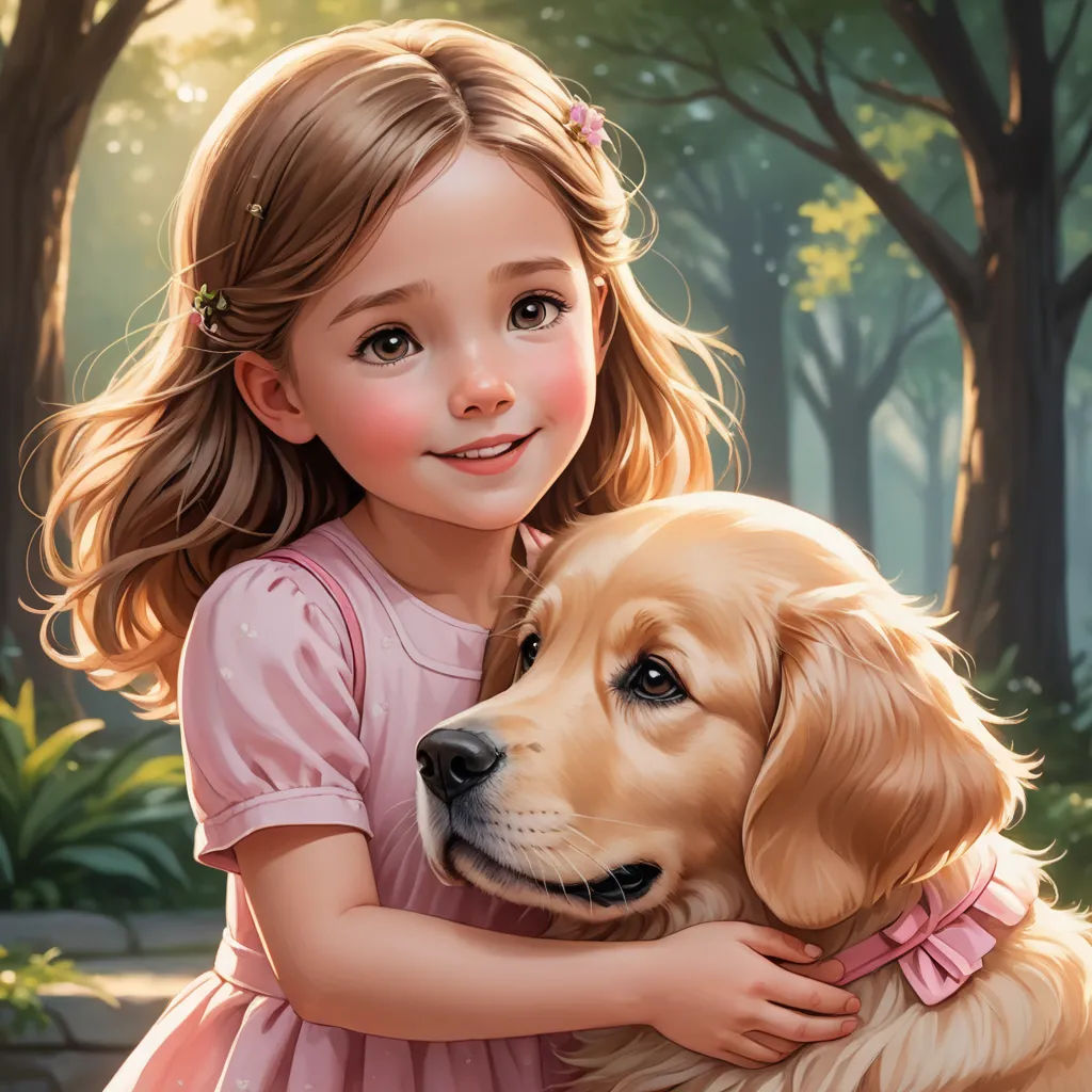 a girl hugging a dog in a park with trees in the background and a dog in the foreground, furry art, a detailed painting, Edwin Georgi, detailed painting