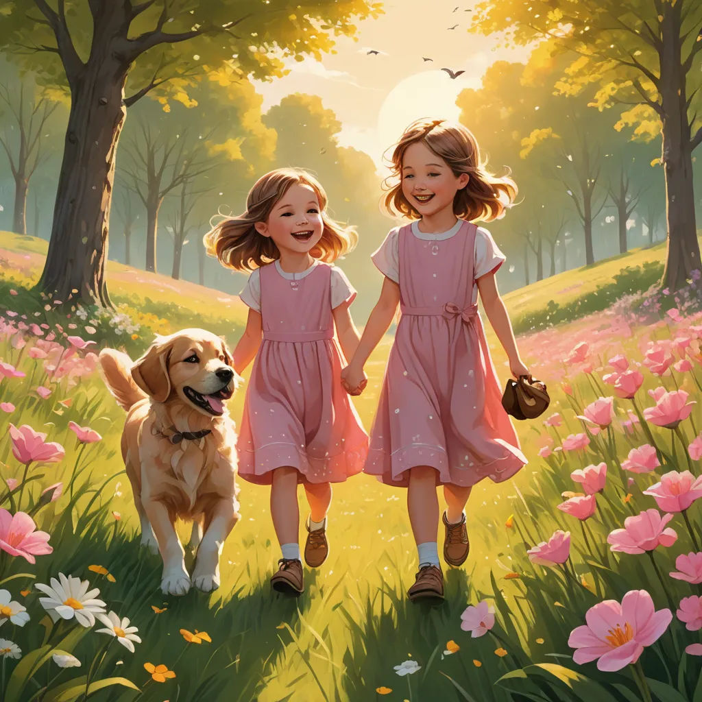 two little girls walking in a field with a dog and a bird in the background, with a sunlit forest behind them, american scene painting, a storybook illustration, Brothers Hildebrandt, official art