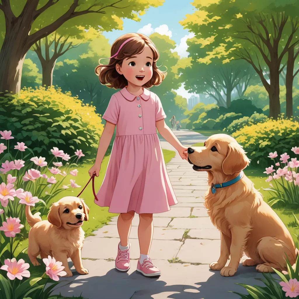 a little girl holding a leash with two dogs on a path in a park with flowers and trees behind her, american scene painting, a storybook illustration, Bob Byerley, official art