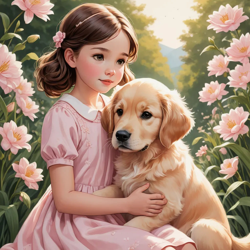 a painting of a girl holding a dog in a field of flowers with pink flowers in the background and a dog in the foreground, fantasy art, a storybook illustration, Artgerm, highly detailed digital painting